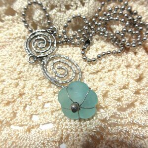 Necklace Handcrafted Sea Glass Silver Beaded Chain Hammered Circle & Oval Drop